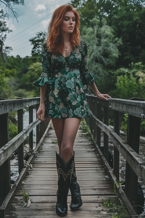 a woman wears a green dress with black cowboy boots