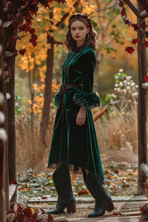 a woman wears a green velvet dress and black cowboy boots