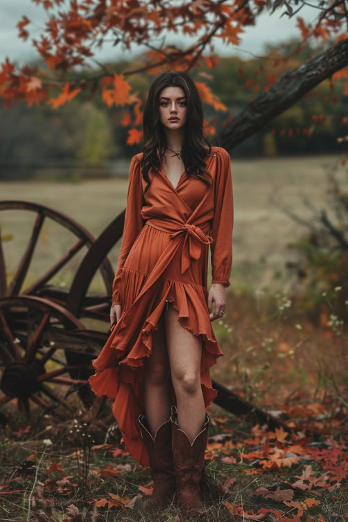 a woman wears a high low rust dress and brown cowboy boots