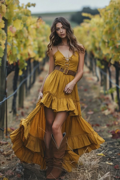 a woman wears a high low yellow dress, brown belt and brown cowboy boots