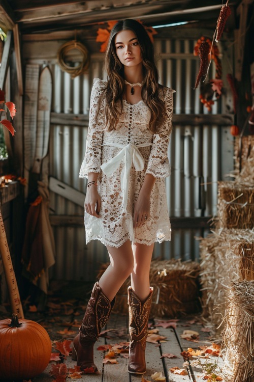 a woman wears a lace white dress and brown cowboy boots