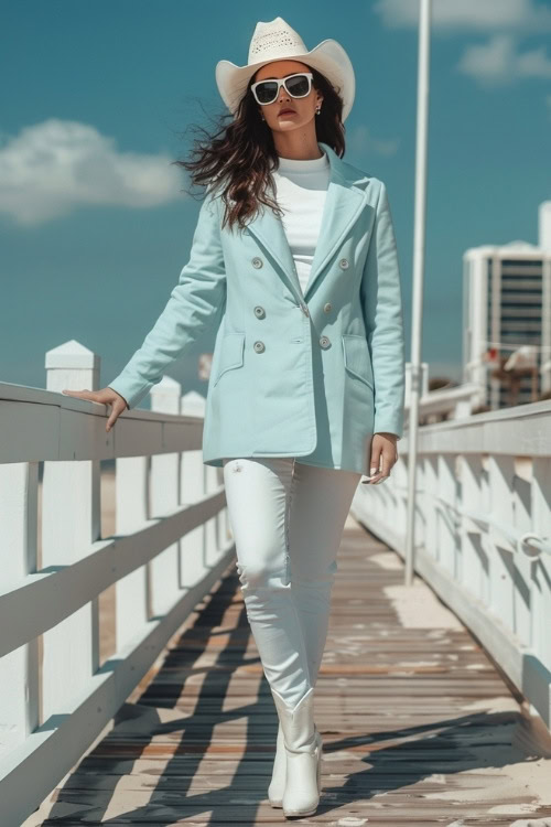 a woman wears a light blue sport coat, white hat, white shirt, white jeans, and white ankle cowboy boots