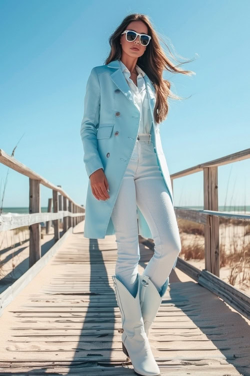 a woman wears a light blue sport coat, white shirt, white jeans, and white cowboy boots