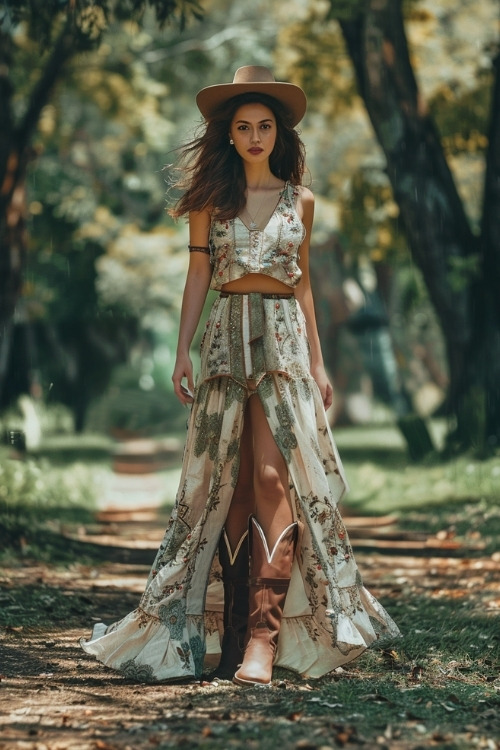 a woman wears a long floral boho dress with high slit and brown cowboy boots