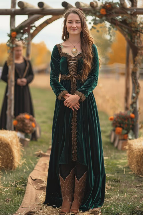 a woman wears a long velvet green dress and brown fringe cowboy boots