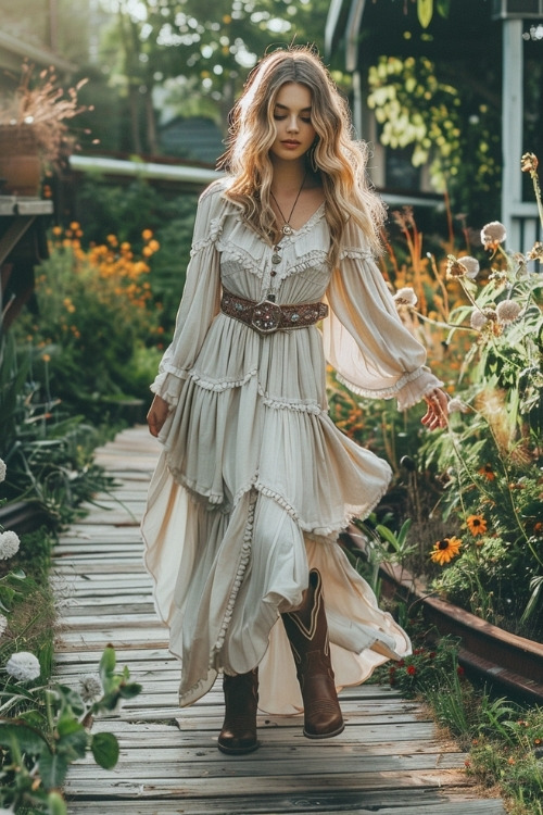 a woman wears a long white tiered dress and brown cowboy boots