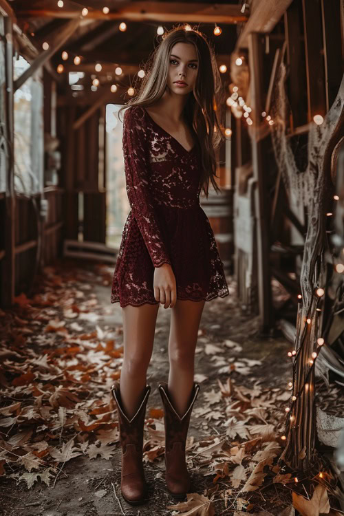 a woman wears a maroon dress and brown cowboy boots