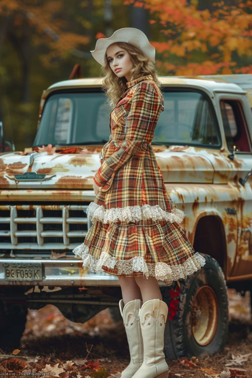 a woman wears a plaid layered dress with ruffles and white cowboy boots