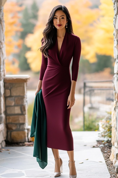 a woman wears a plum wedding guest dress with a green shawl and silver heels