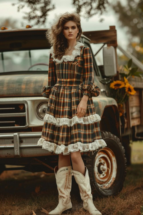 a woman wears a ruffle plaid dress and white cowboy boots