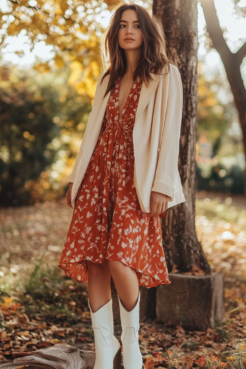 a woman wears a rust floral dress with a beige coat and white cowboy boots