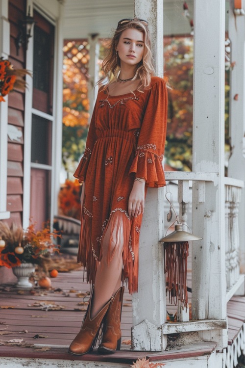 a woman wears a rust fringe dress and brown cowboy boots