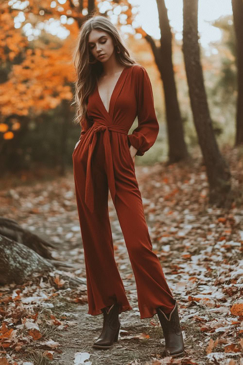 a woman wears a rust jumpsuit and brown ankle cowboy boots