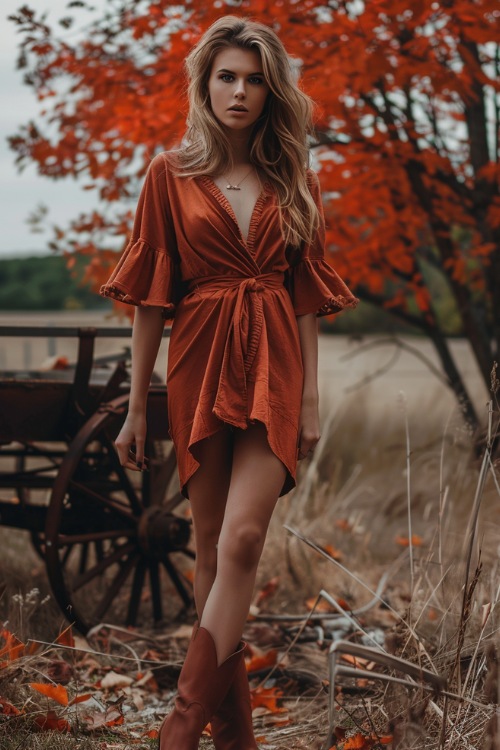 a woman wears a short rust dress with brown cowboy boots