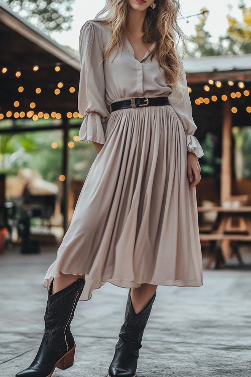 a woman wears black cowboy boots with a blouse and a skirt