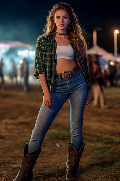 a woman wears brown cowboy boots with jeans and a plaid shirt over a white top