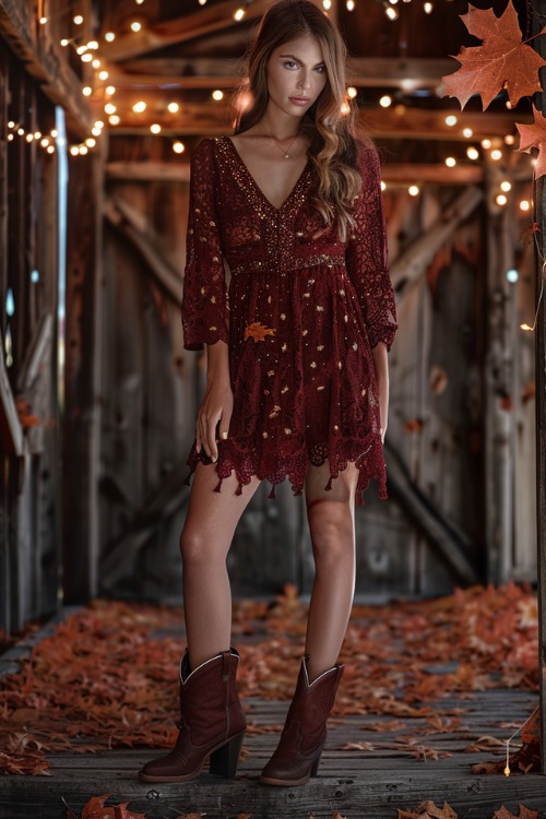 a woman wears brown dress and brown ankle cowboy boots for fall