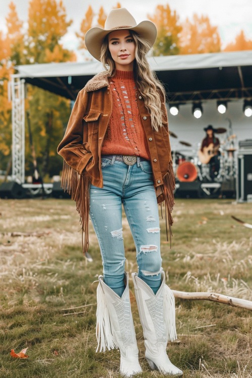 a woman wears white cowboy boots and jeans for concert