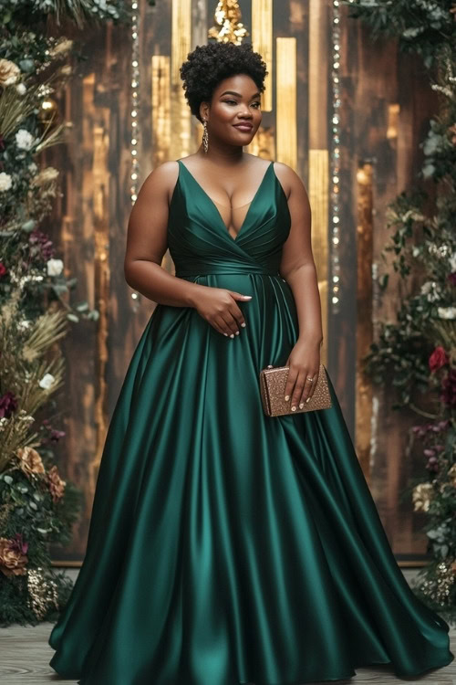 A black plus-size woman wears an emerald green wedding guest dress with a deep V neckline