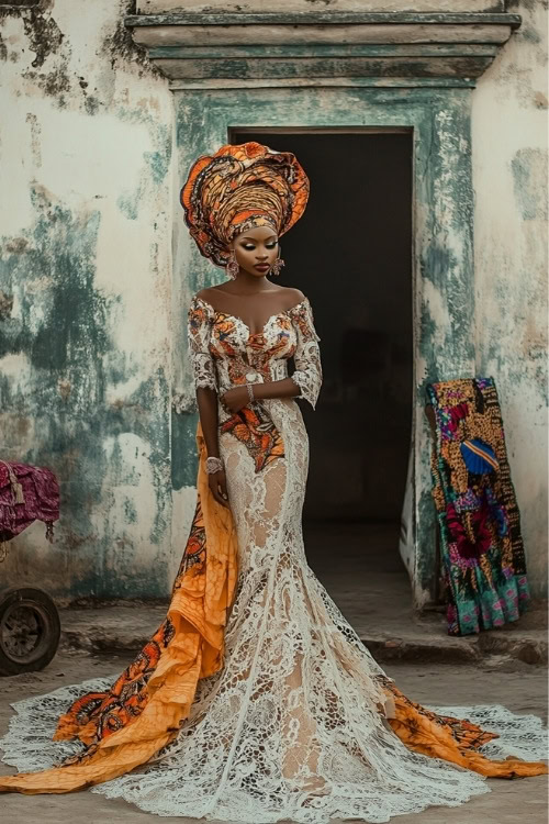 A black woman wears a beige and orange lace wedding guest dress with a long train and matching orange headwrap