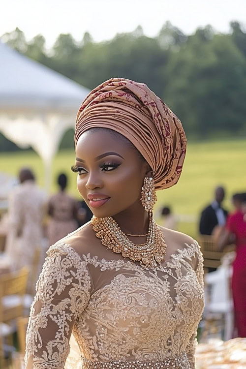 A black woman wears a beige lace wedding guest dress with a matching headwrap