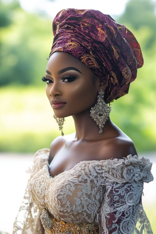 A black woman wears a beige lace wedding guest dress with a matching maroon headwrap