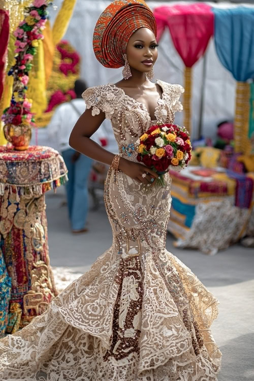 A black woman wears a beige lace wedding guest dress with floral beading and an orange headwrap