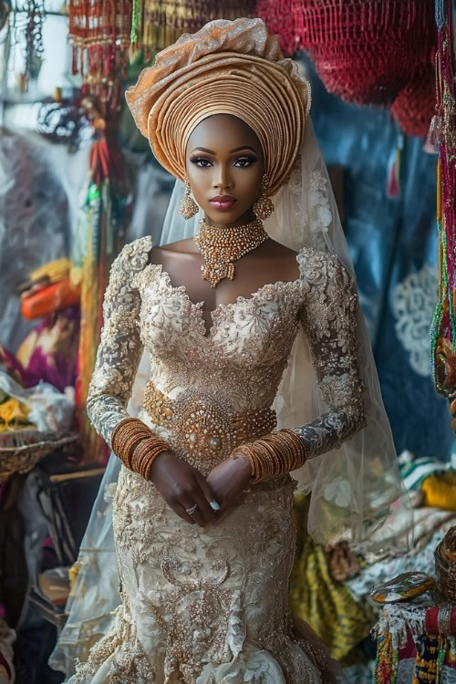 A black woman wears a beige lace wedding guest dress with intricate gold beading and a matching headwrap