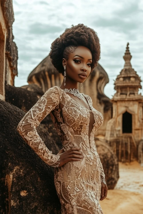 A black woman wears a beige lace wedding guest dress