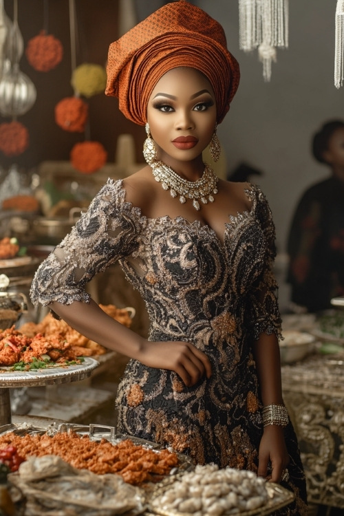 A black woman wears a black and gold lace wedding guest dress with intricate beading and a matching orange headwrap