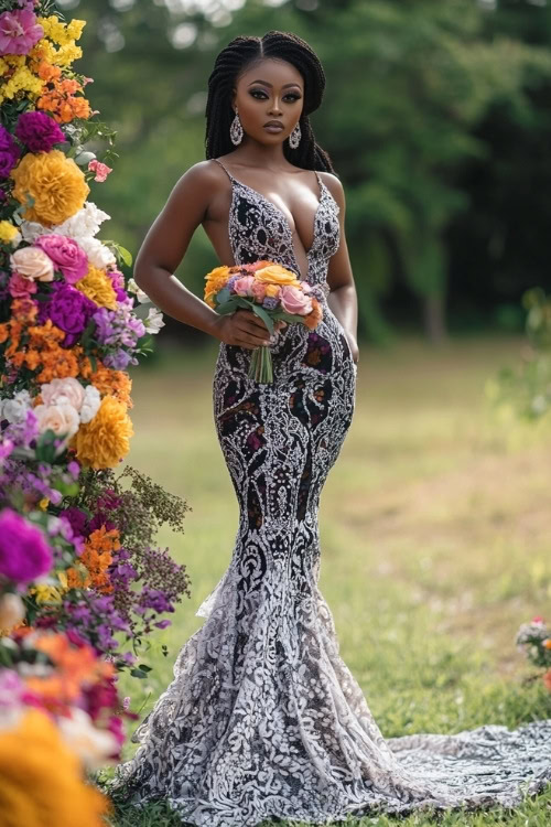 A black woman wears a black and silver lace wedding guest dress with a plunging neckline