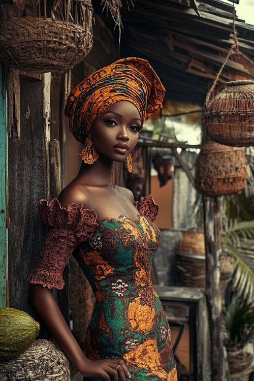 A black woman wears a brown and orange lace wedding guest dress with a matching headwrap