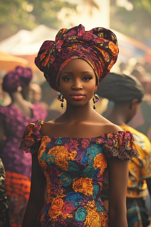 A black woman wears a colorful off-the-shoulder lace wedding guest dress with a matching floral headwrap