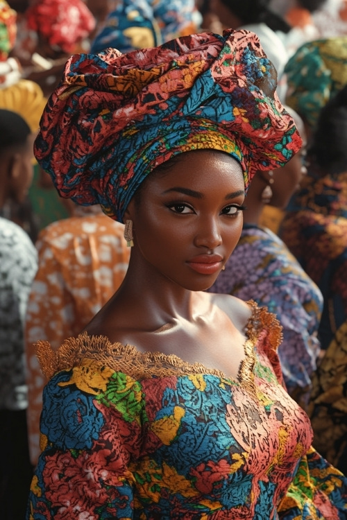 A black woman wears a colorful off-the-shoulder lace wedding guest dress with a matching patterned headwrap (2)