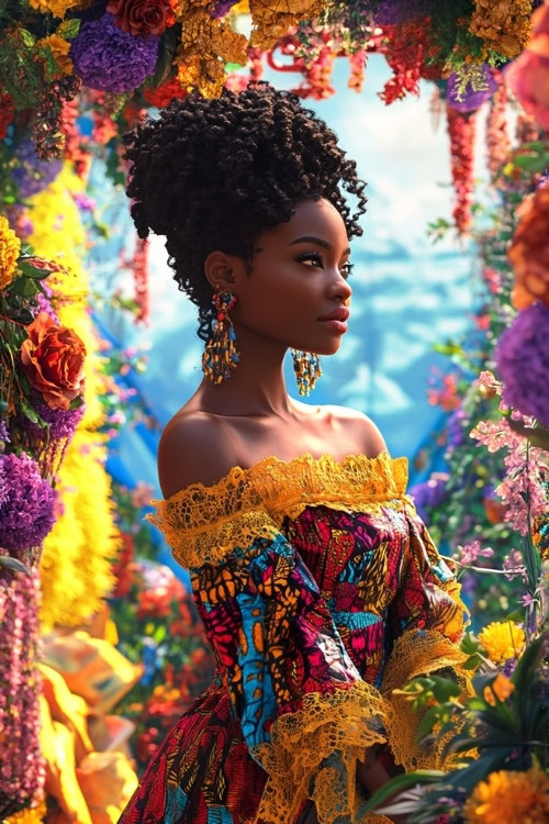 A black woman wears a colorful off-the-shoulder lace wedding guest dress with yellow lace trim