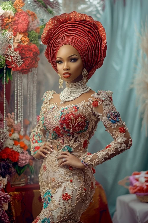 A black woman wears a cream lace wedding guest dress with colorful floral details and a matching red headwrap