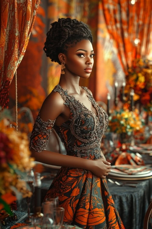 A black woman wears a dark orange and brown lace wedding guest dress with intricate details