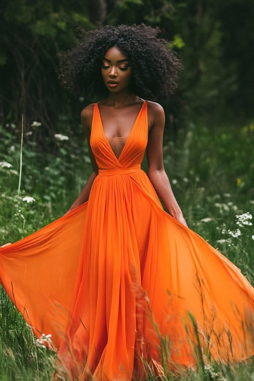 A black woman wears a deep V-neck orange wedding guest dress with a flowing skirt