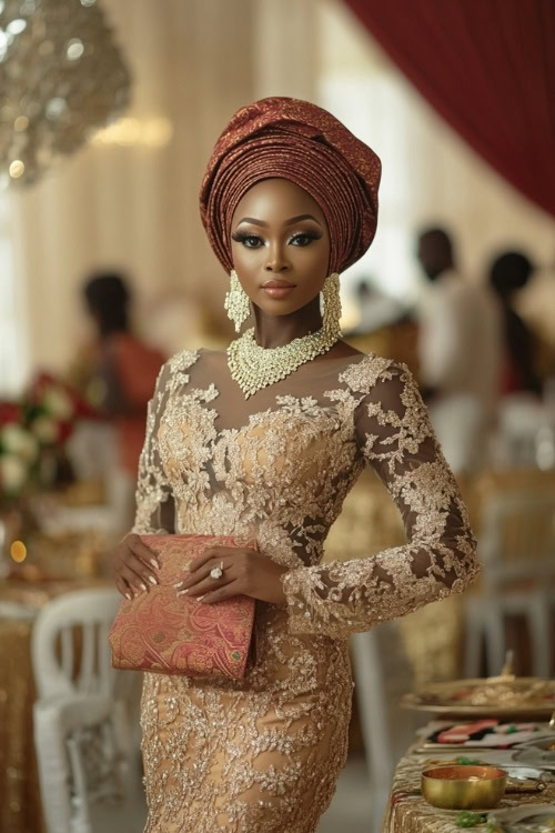 A black woman wears a gold lace wedding guest dress with floral details and a rust headwrap