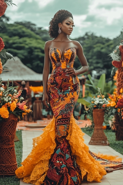 A black woman wears a multicolored lace wedding guest dress with a dramatic orange ruffled train