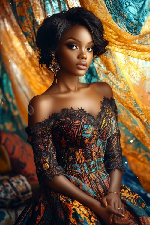 A black woman wears a multicolored lace wedding guest dress with ruffled sleeves and a mermaid silhouette