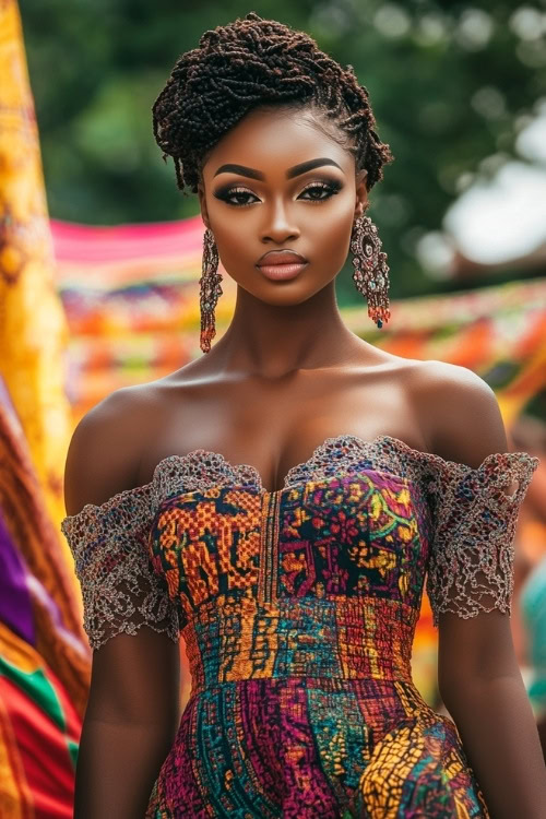 A black woman wears a multicolored off-the-shoulder lace wedding guest dress