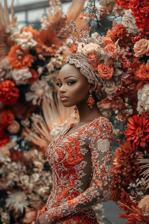 A black woman wears a red lace wedding guest dress with a matching floral headwrap