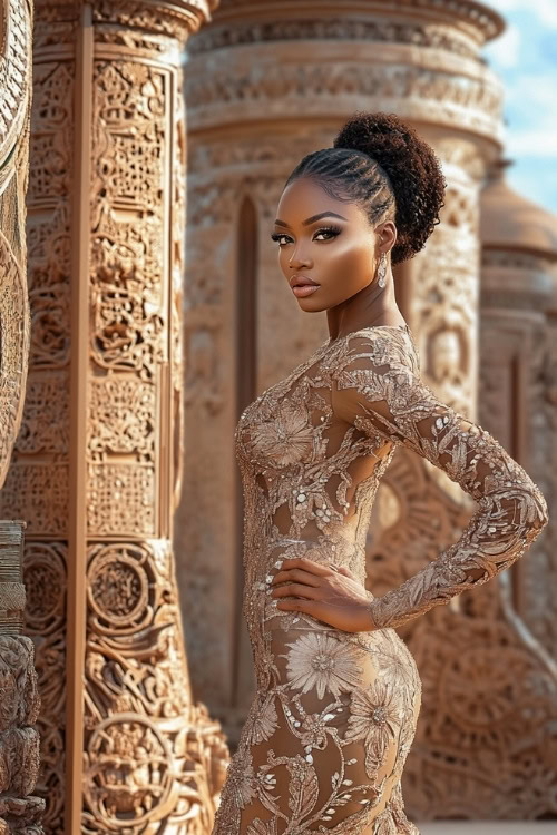 A black woman wears a sheer lace wedding guest dress