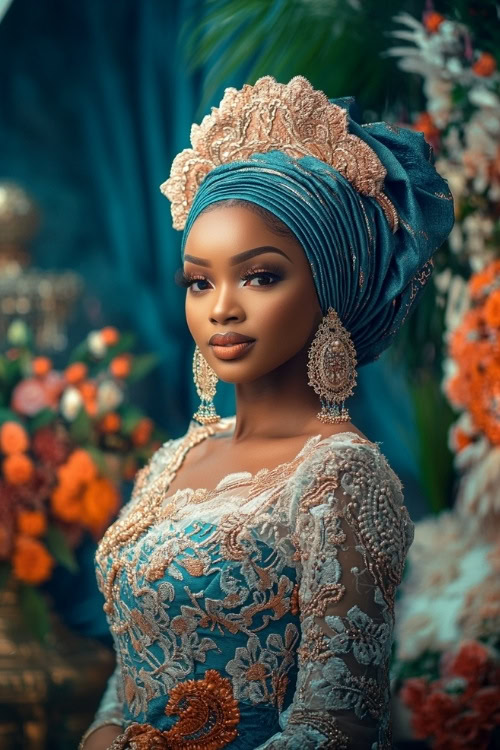 A black woman wears a teal lace wedding guest dress with a matching blue and gold headwrap