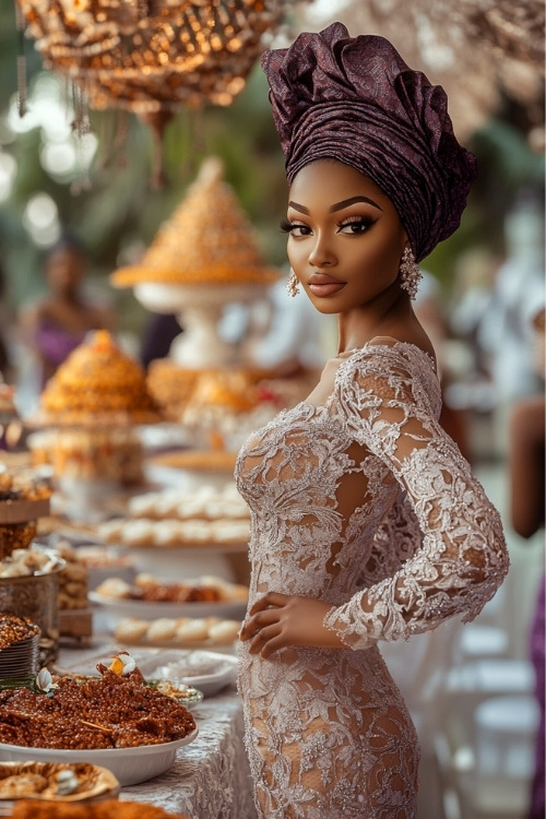 A black woman wears a white lace wedding guest dress with a deep purple headwrap