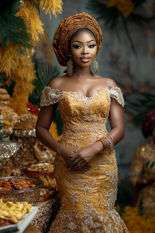 A black woman wears a yellow lace wedding guest dress with a matching headwrap