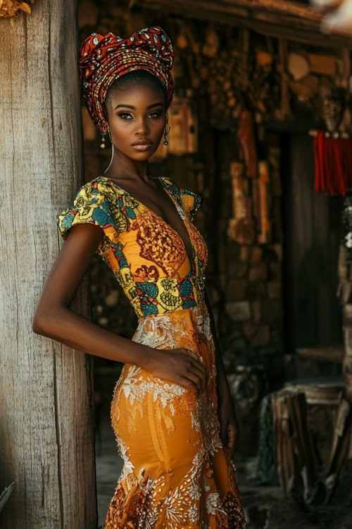 A black woman wears a yellow lace wedding guest dress with cap sleeves and a matching headwrap