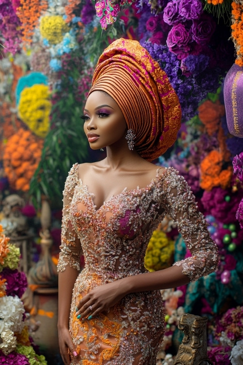 A black woman wears an orange lace wedding guest dress with a matching floral headwrap