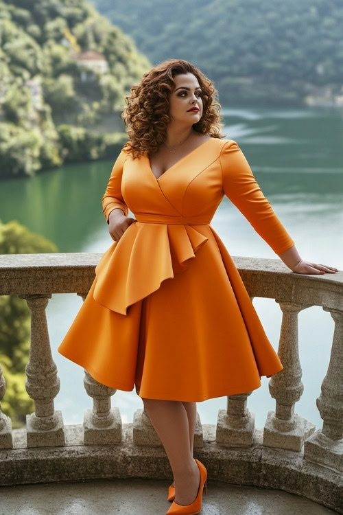 A curvy woman wears a V neck orange wedding guest dress with matching heels